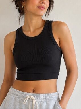 Aerie OFFLINE Black Ribbed High Neck Sports Bra Crop Tank Size Large